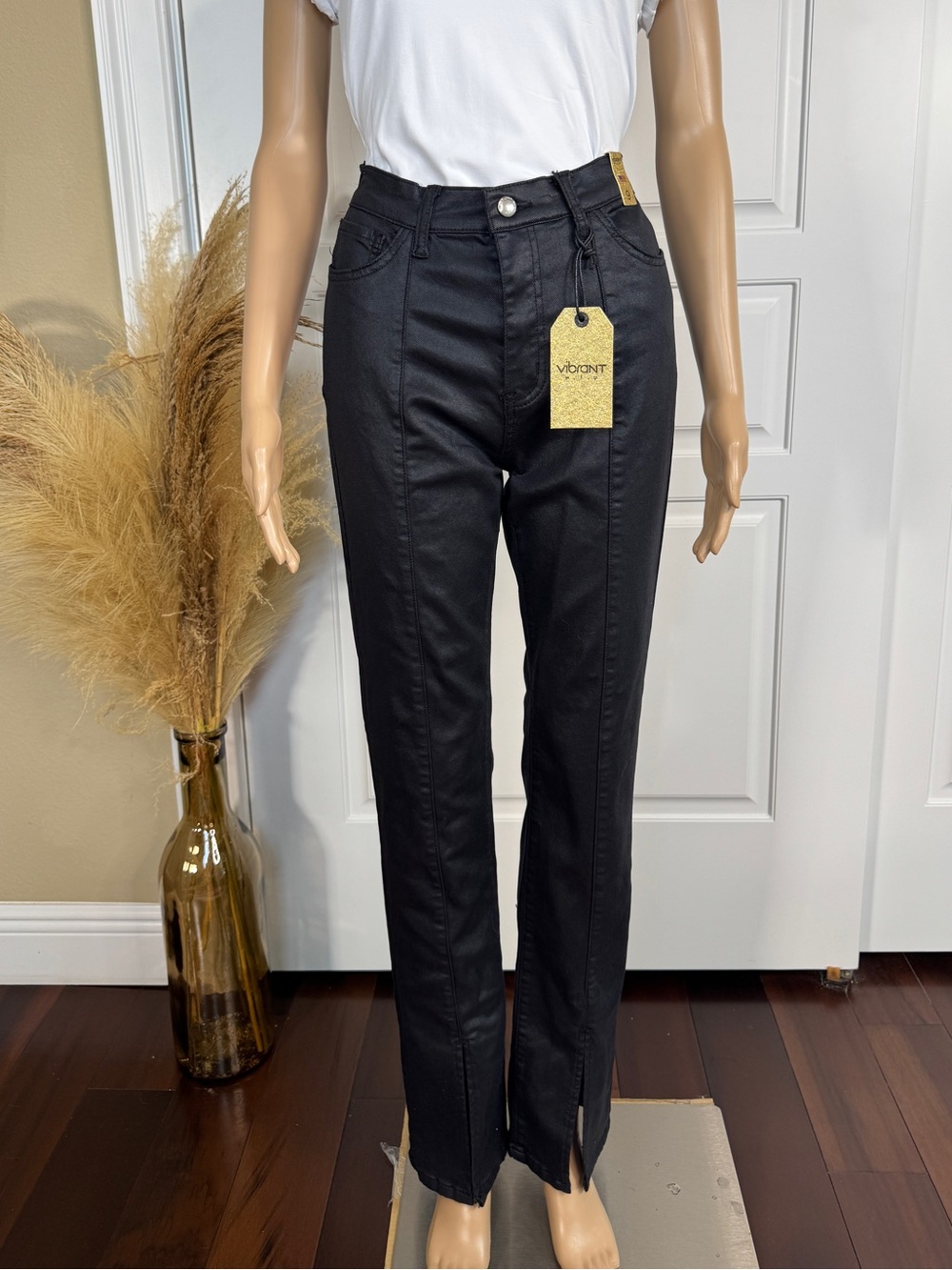 BLACK COATED SPLIT BOTTOM JEANS NWT - Picture 8 of 15